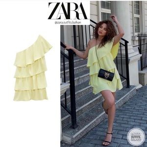 Zara Yellow Asymmetrical Mini Dress with Ruffles Size Small